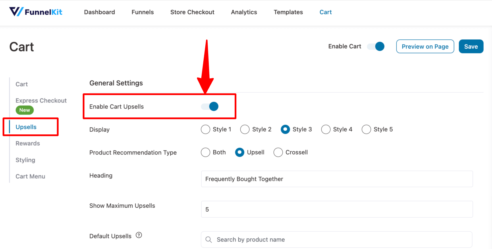 enable cart upsells to offer upsells in a side popup cart