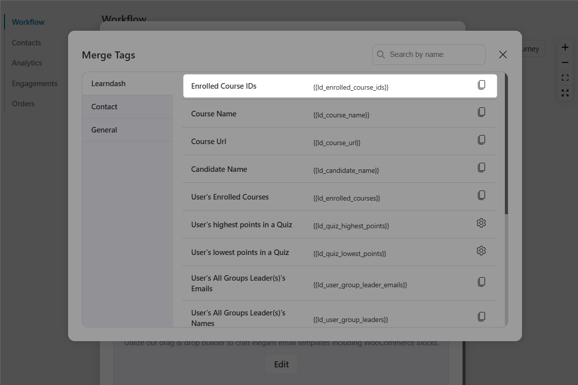 Enrolled Course IDs merge tag for learndash integration