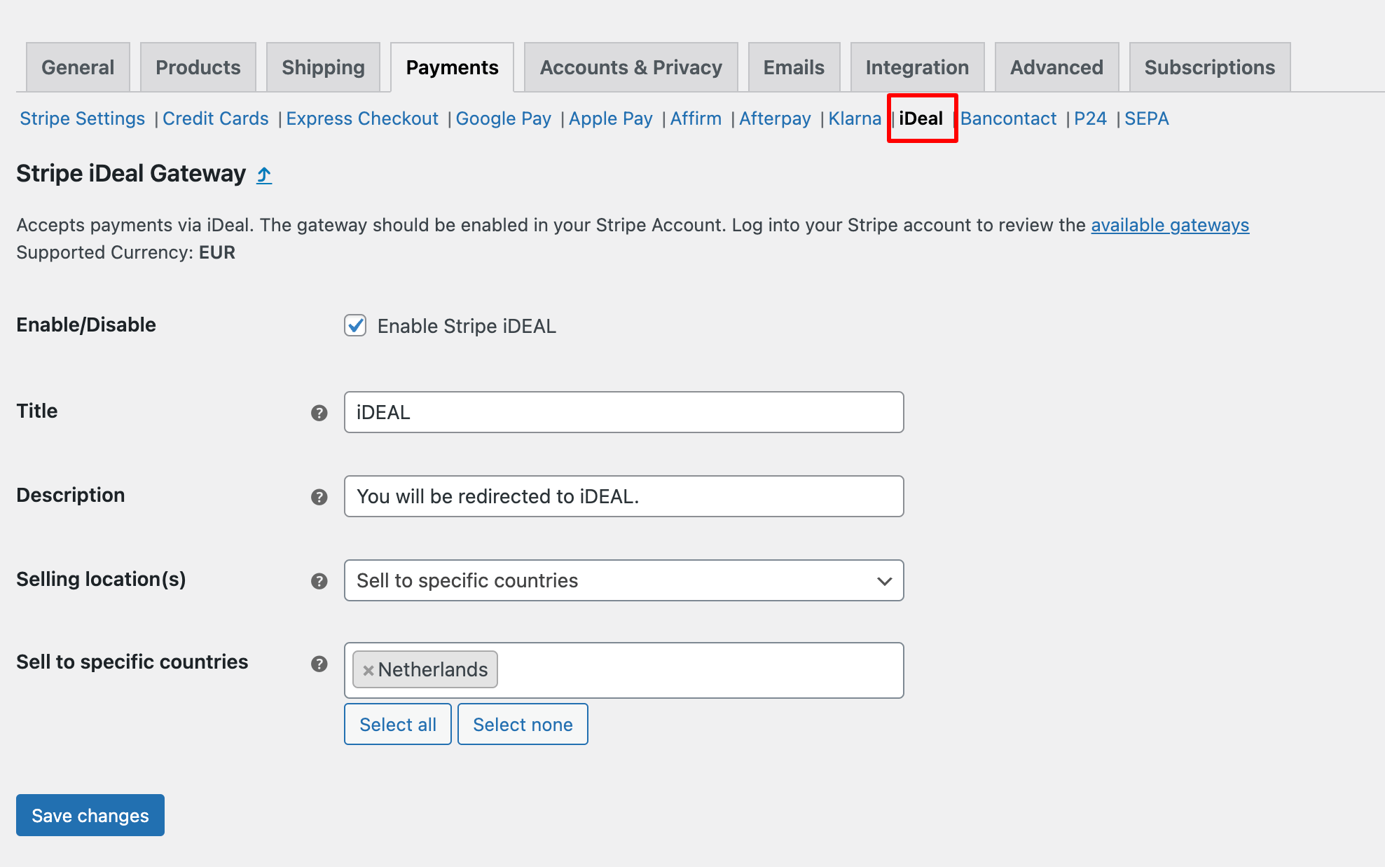 iDEAL stripe ideal gateway settings