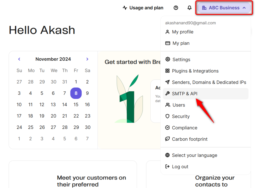 click on smtp & api under your profile