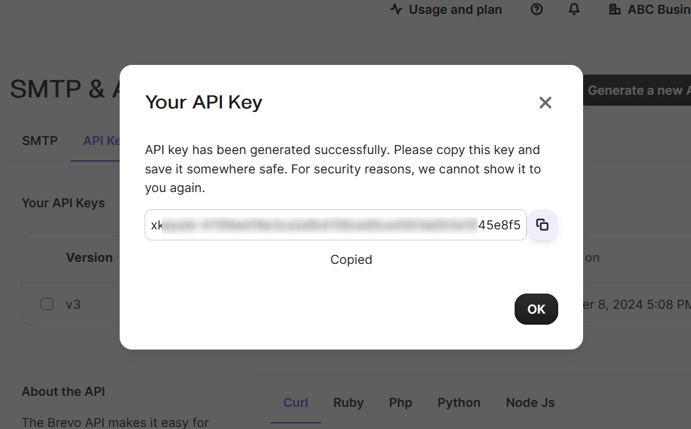 copy the generated brevo api key