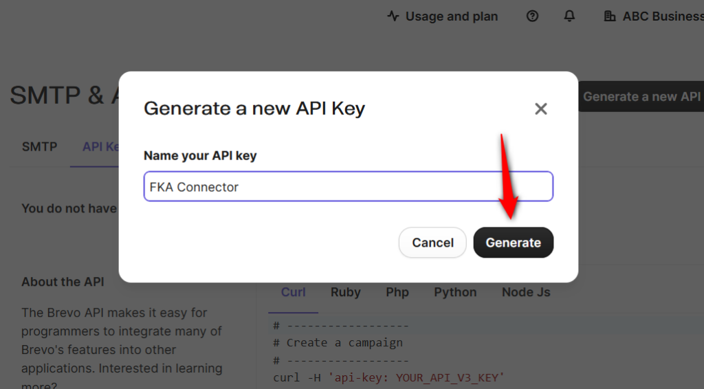 name your brevo api key and click on generate