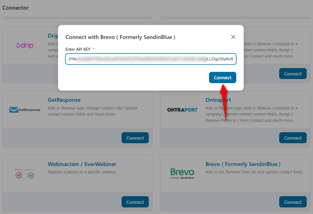 paste the api key and click to connect brevo (formerly sendinblue) with funnelkit automations 