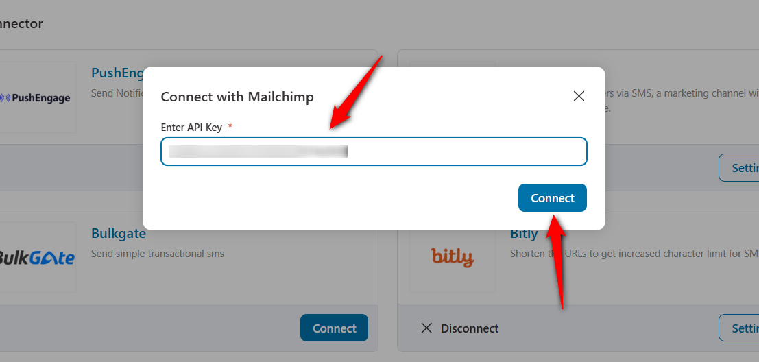 Enter api key and connect mailchimp with funnelkit automations