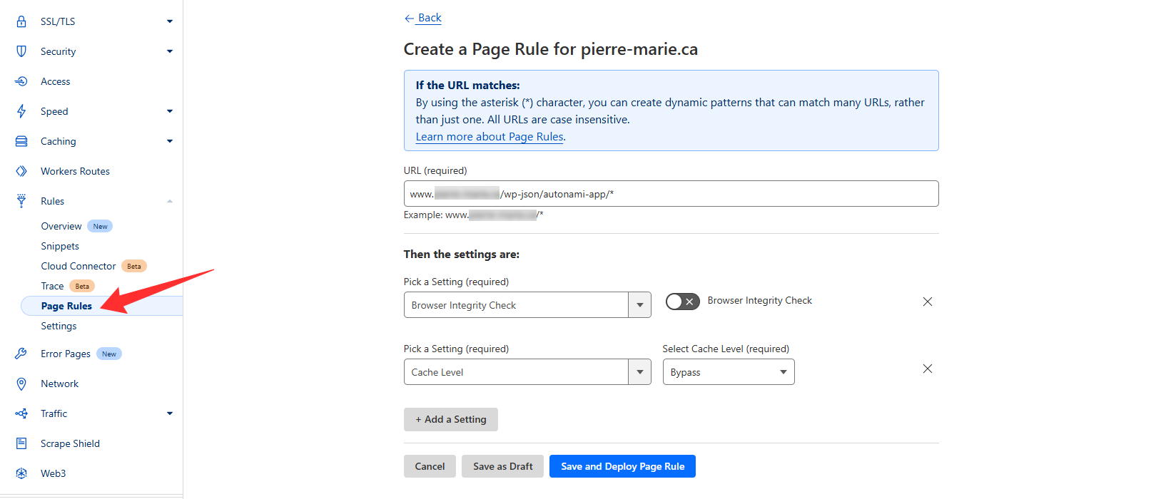 page rule configured