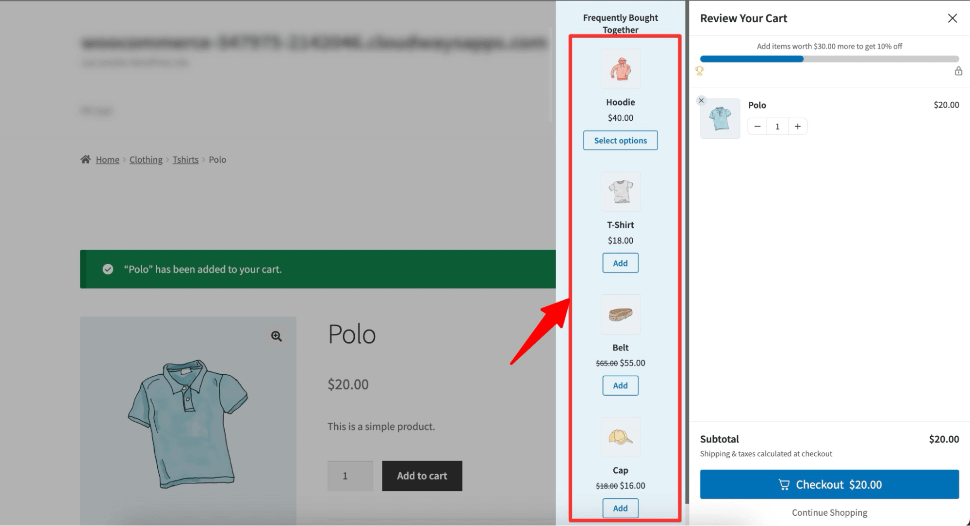 preview WooCommerce popup upsell in a side cart