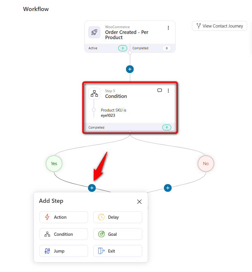 Set product sku conditional rule to specify any action in funnelkit automations workflow