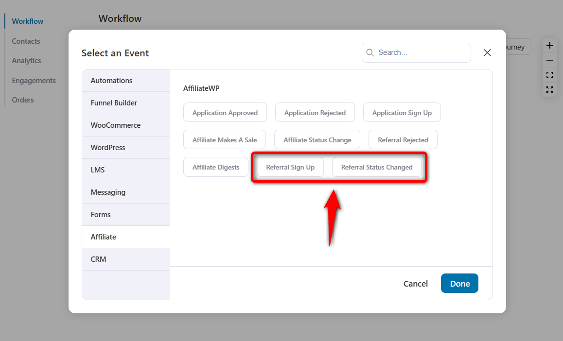 Referral sign up and referral status changed event trigger for affiliatewp integration