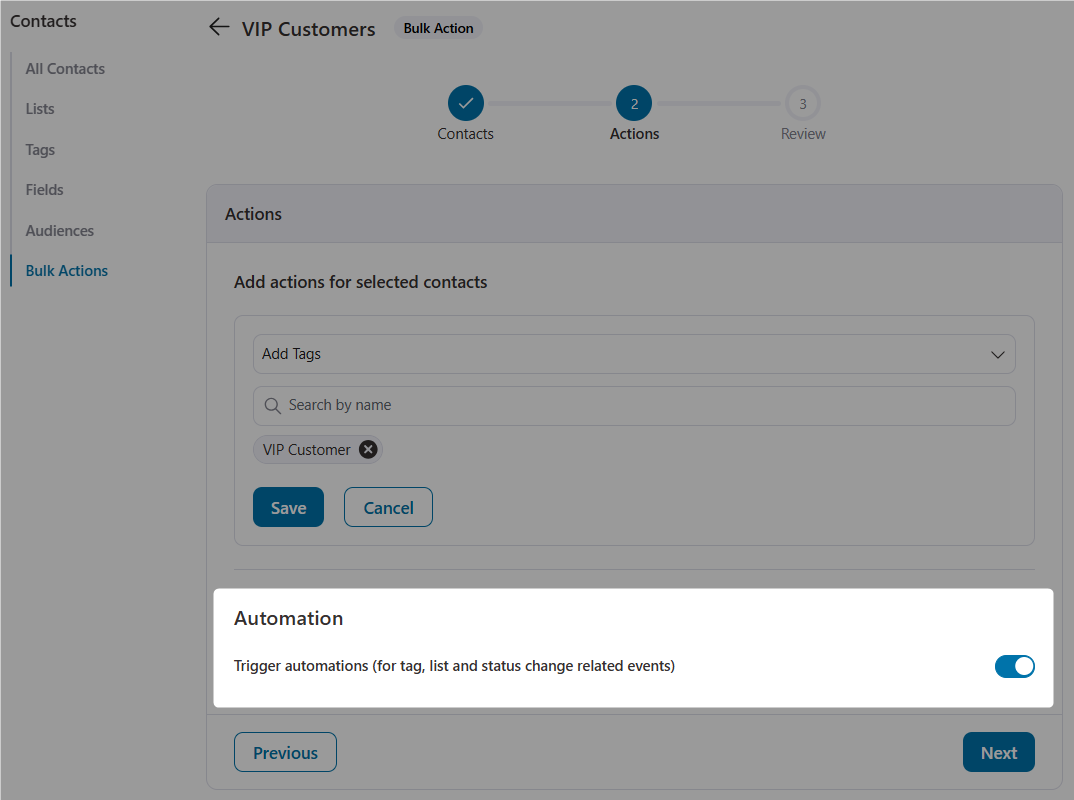 Bulk actions - trigger automations for tag, list and status change related events