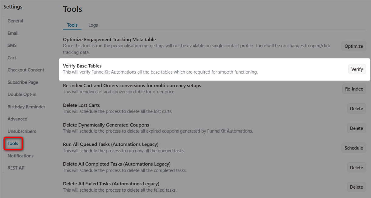 Verify base tables feature