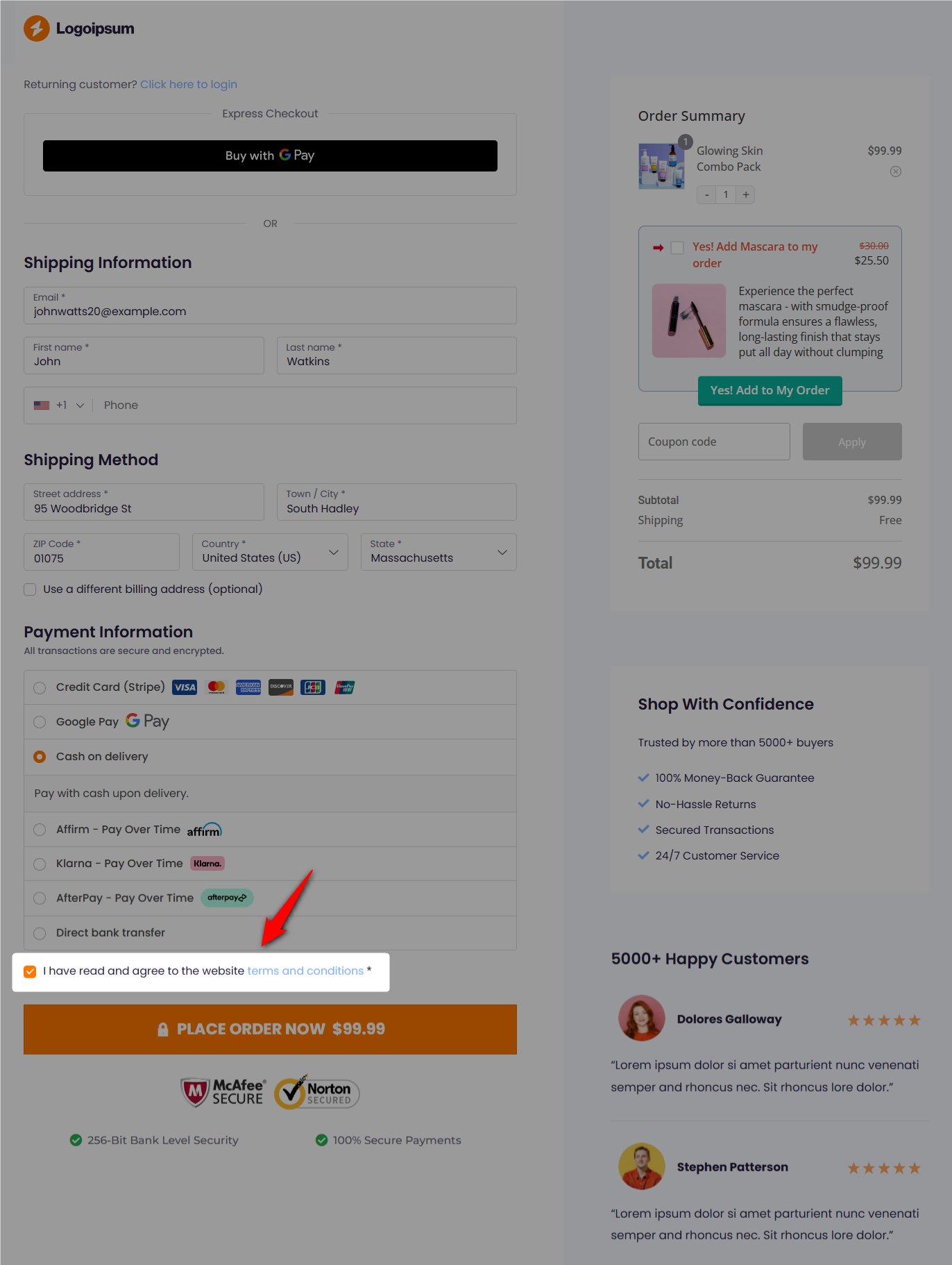 add woocommerce checkout page terms and conditions checkbox