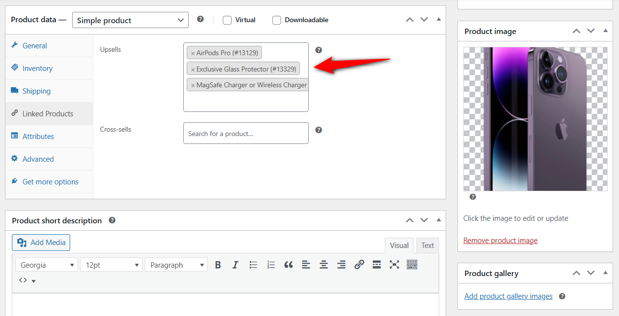 Add products to the upsells field to show woocommerce cross sell on the product page