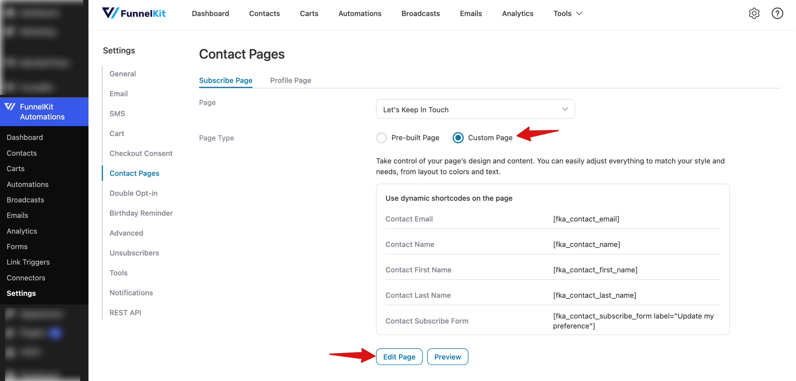choose custom page hit edit page
