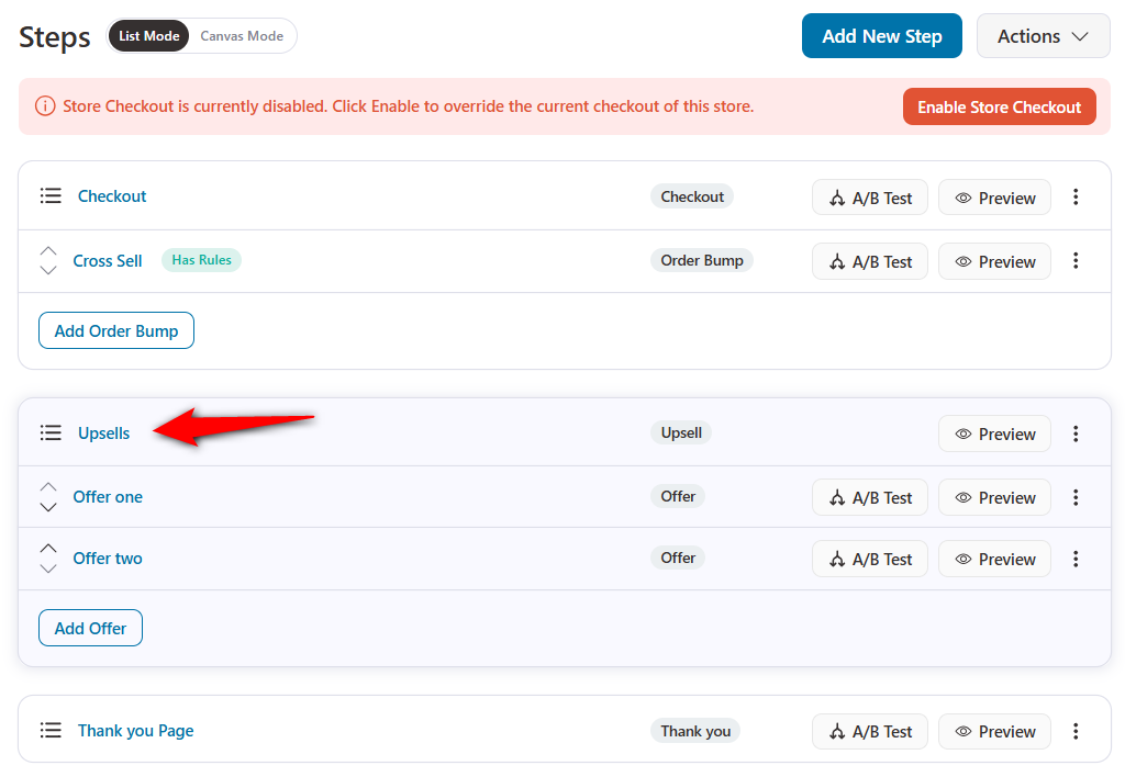 click on the main upsell page to set up display rules for your one-click upsell and cross sell offers