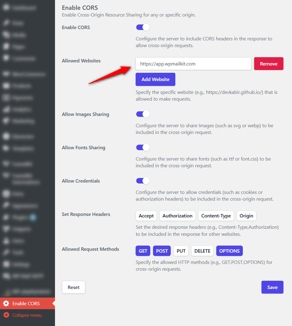 configure enable cors plugin