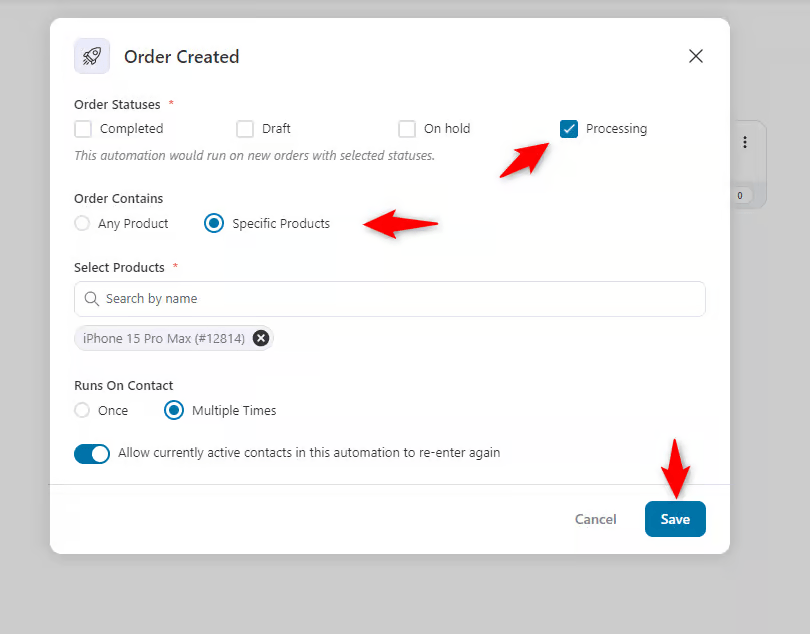 Config the order created trigger for a specific product