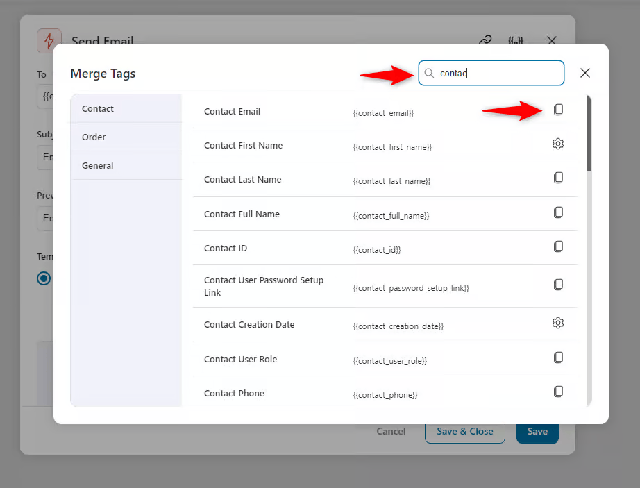 Copy the email merge tag and paste it into the field