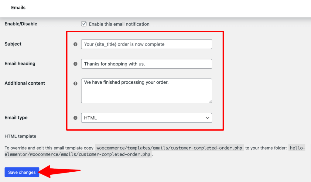 customize default order confirmation email