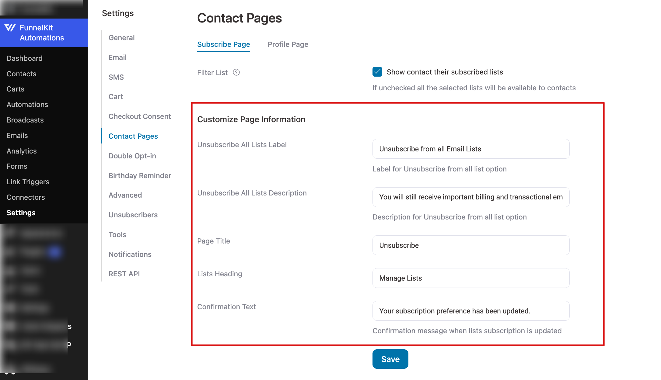 customize page information subscribe page