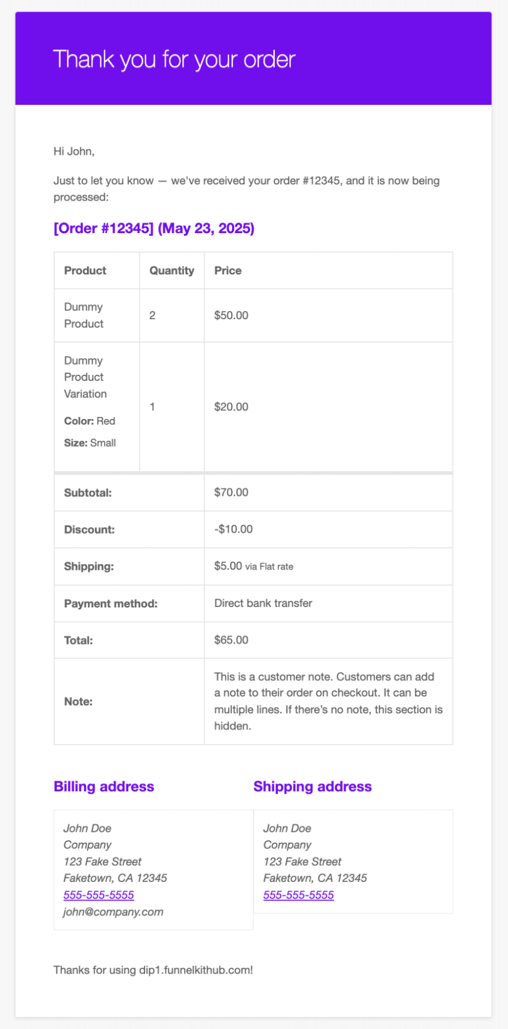 default WooCommerce order confirmation email preview