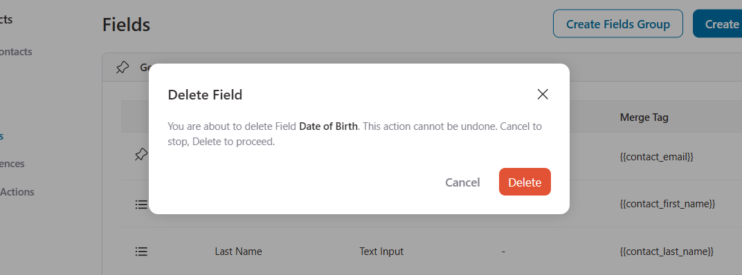 Delete field confirmation