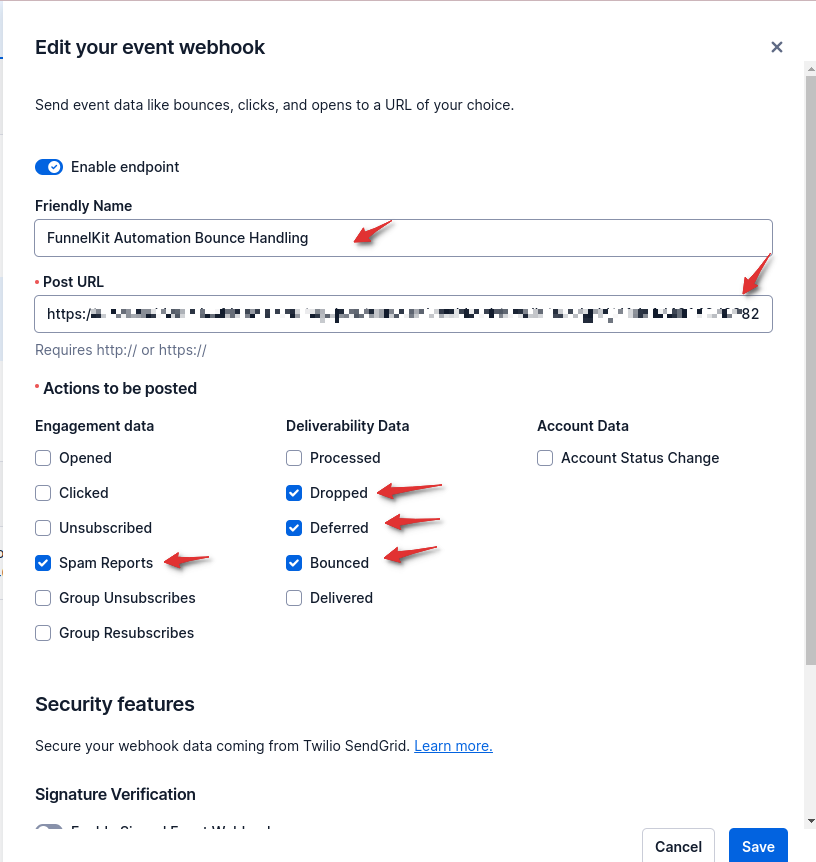 Copy the webhook URL and select Bounced, Dropped, Deferred, Spam Reports - click Save