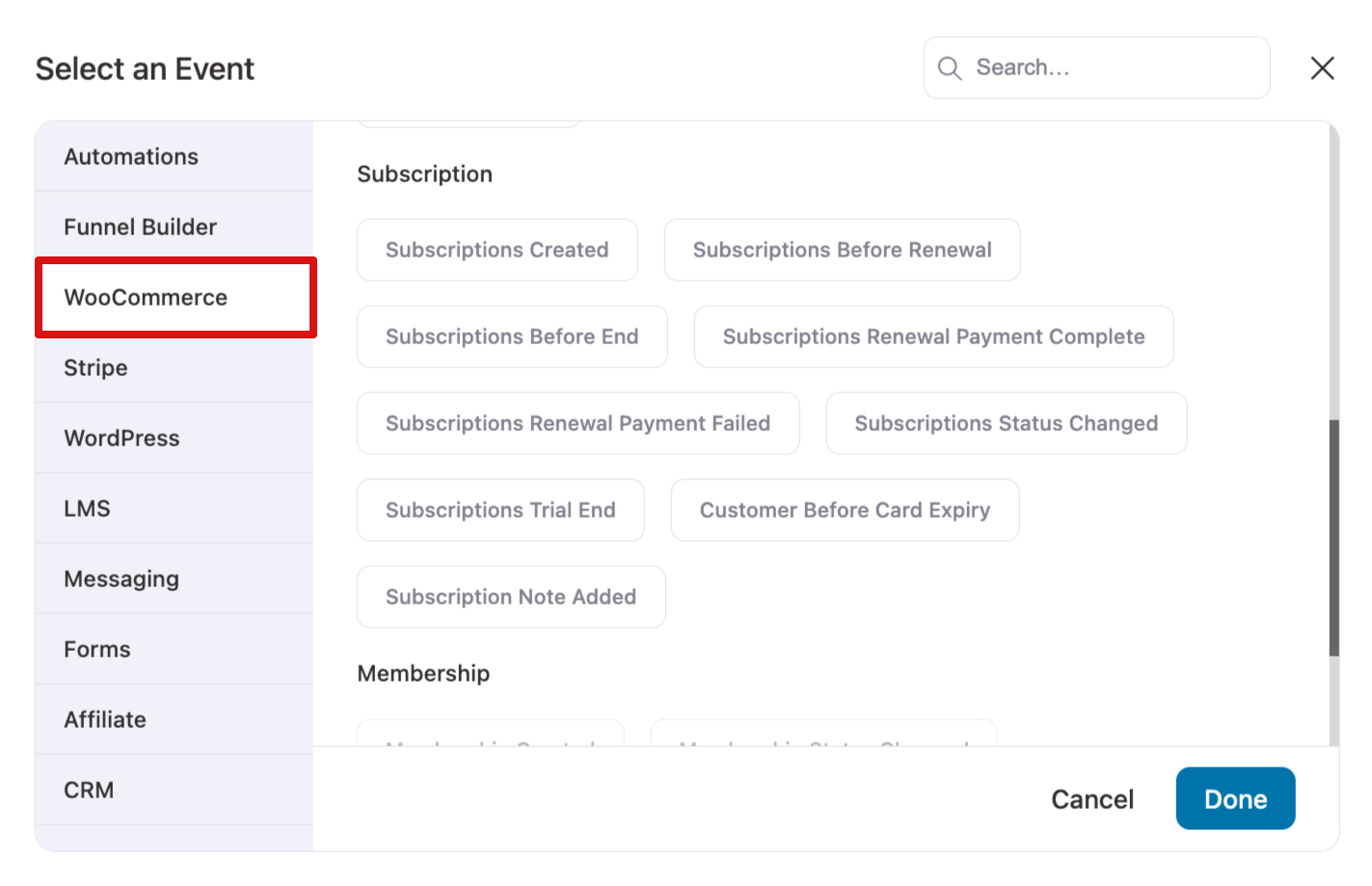 Overview of WooCommerce Subscriptions events including instant and scheduled triggers used for automation workflows