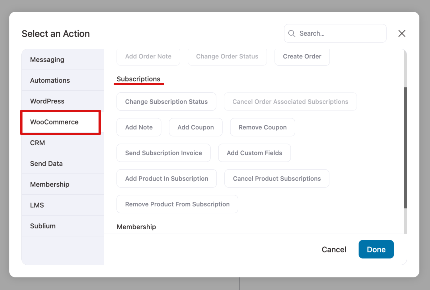 List of WooCommerce Subscriptions actions available in FunnelKit Automations for managing subscriptions and related operations
