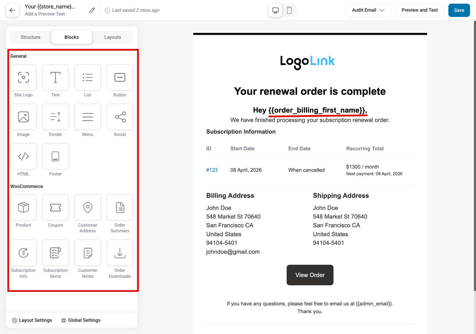 Email template editor in FunnelKit Automations showing customization, merge tags, analytics, and conditional sending features
