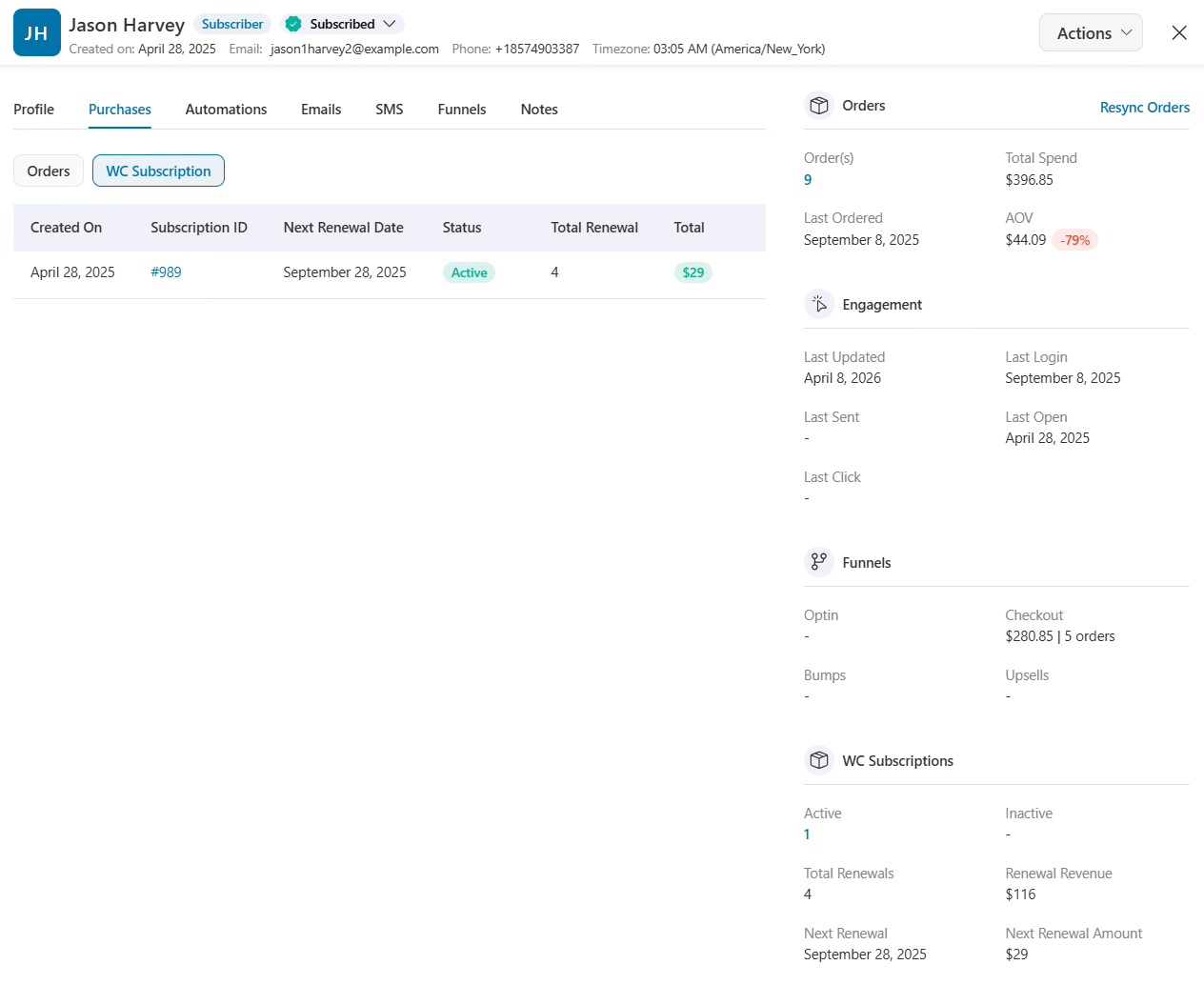 Detailed WooCommerce Subscriptions data displayed in FunnelKit Automations contact profile including renewals, revenue, and subscription list