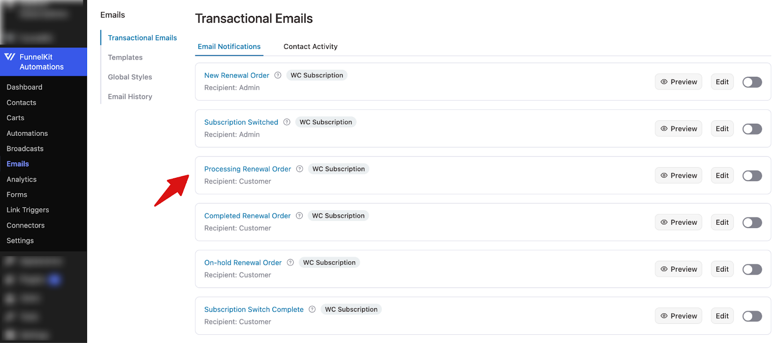 Overview of subscription transactional email templates categorized by order, customer notifications, subscription status, and payment retries