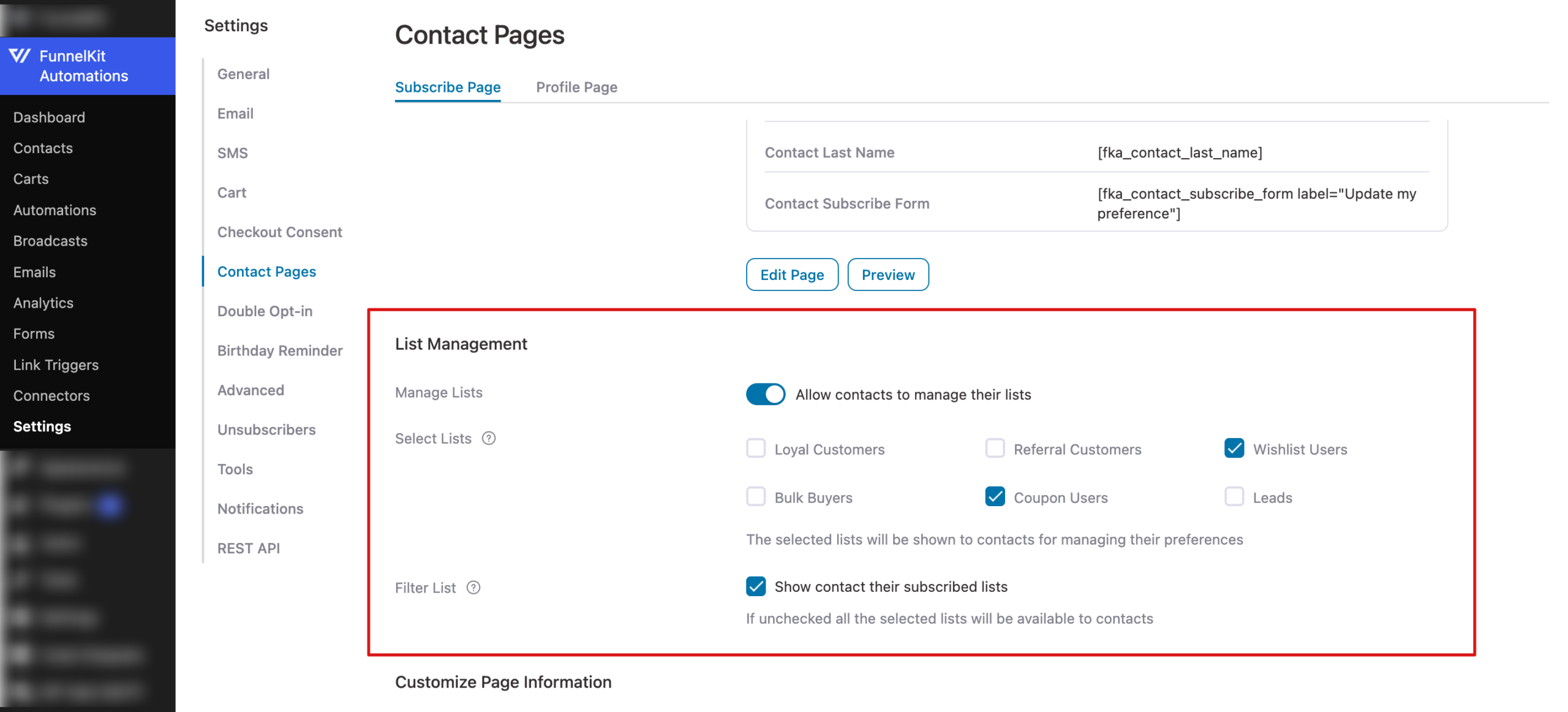 list management contact pages