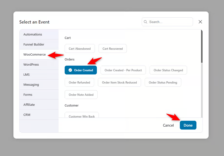 select the woocommerce order created event trigger