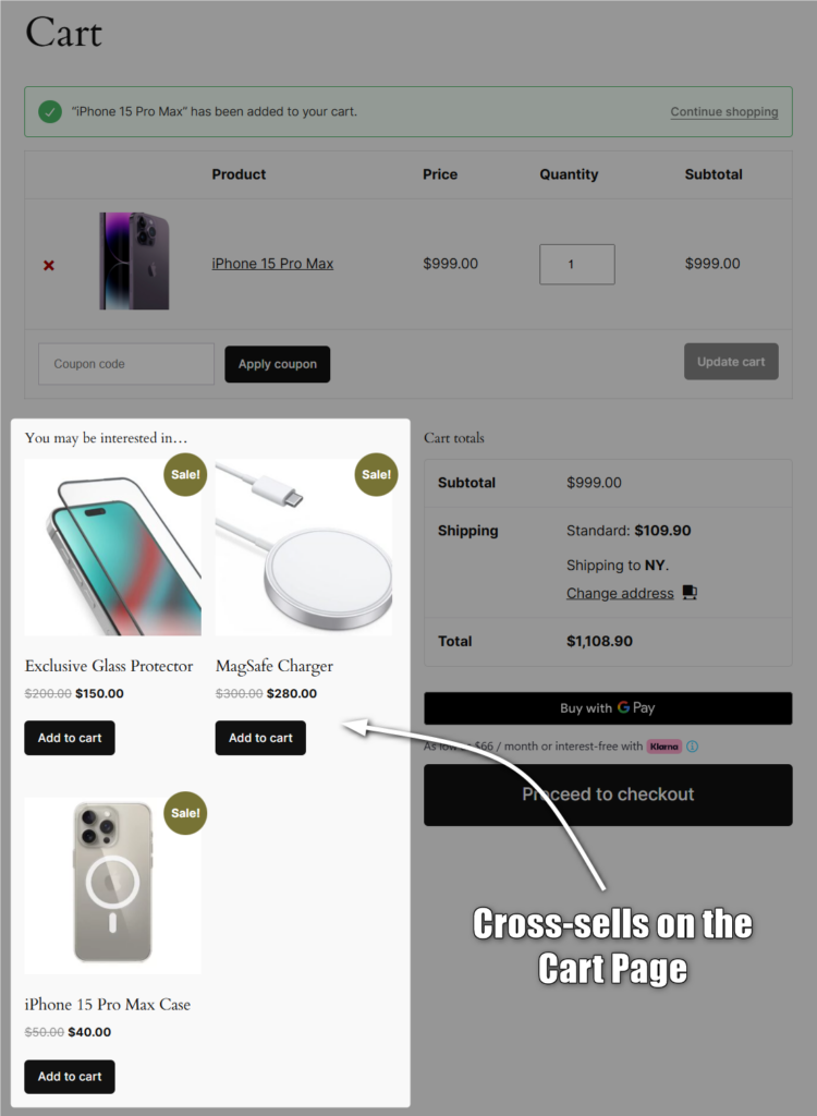 Preview of the WooCommerce cross sell added on the default cart page