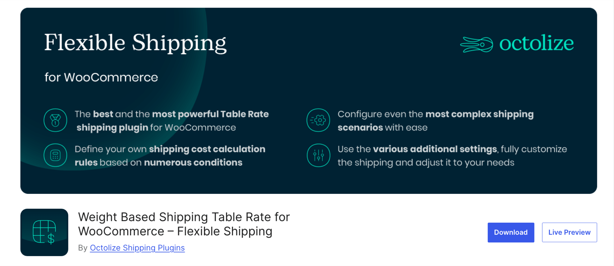 Flexible Shipping by Octolize adds rule-based shipping costs on top of your existing WooCommerce zones. It's a good next step when one flat price no longer fits every order.
