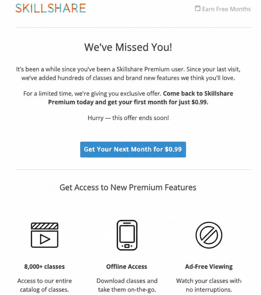 Skillshare Customer win back email