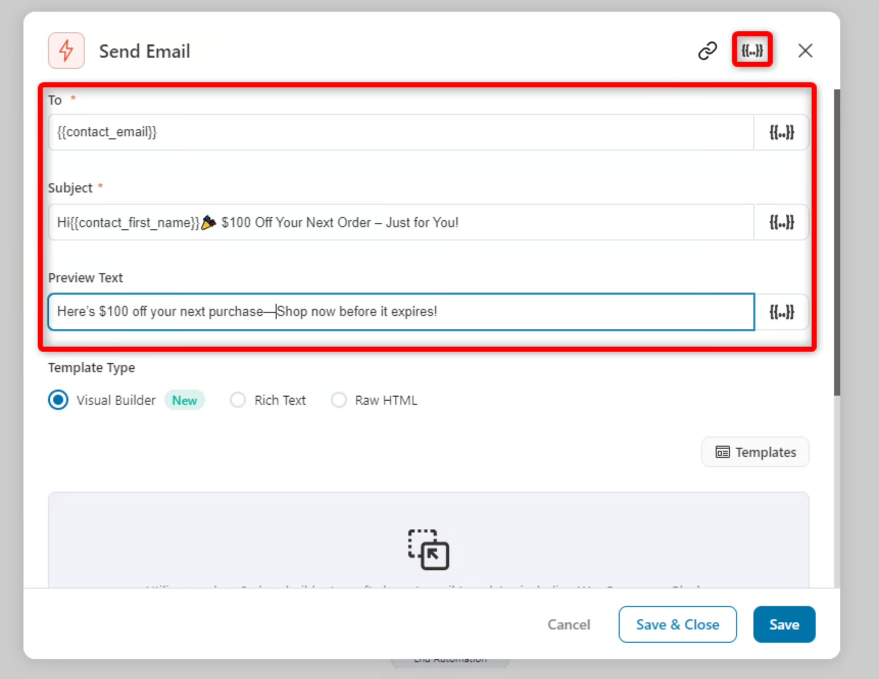 You can use some merge tags to trigger the personalized codes that bring in dynamic data values.