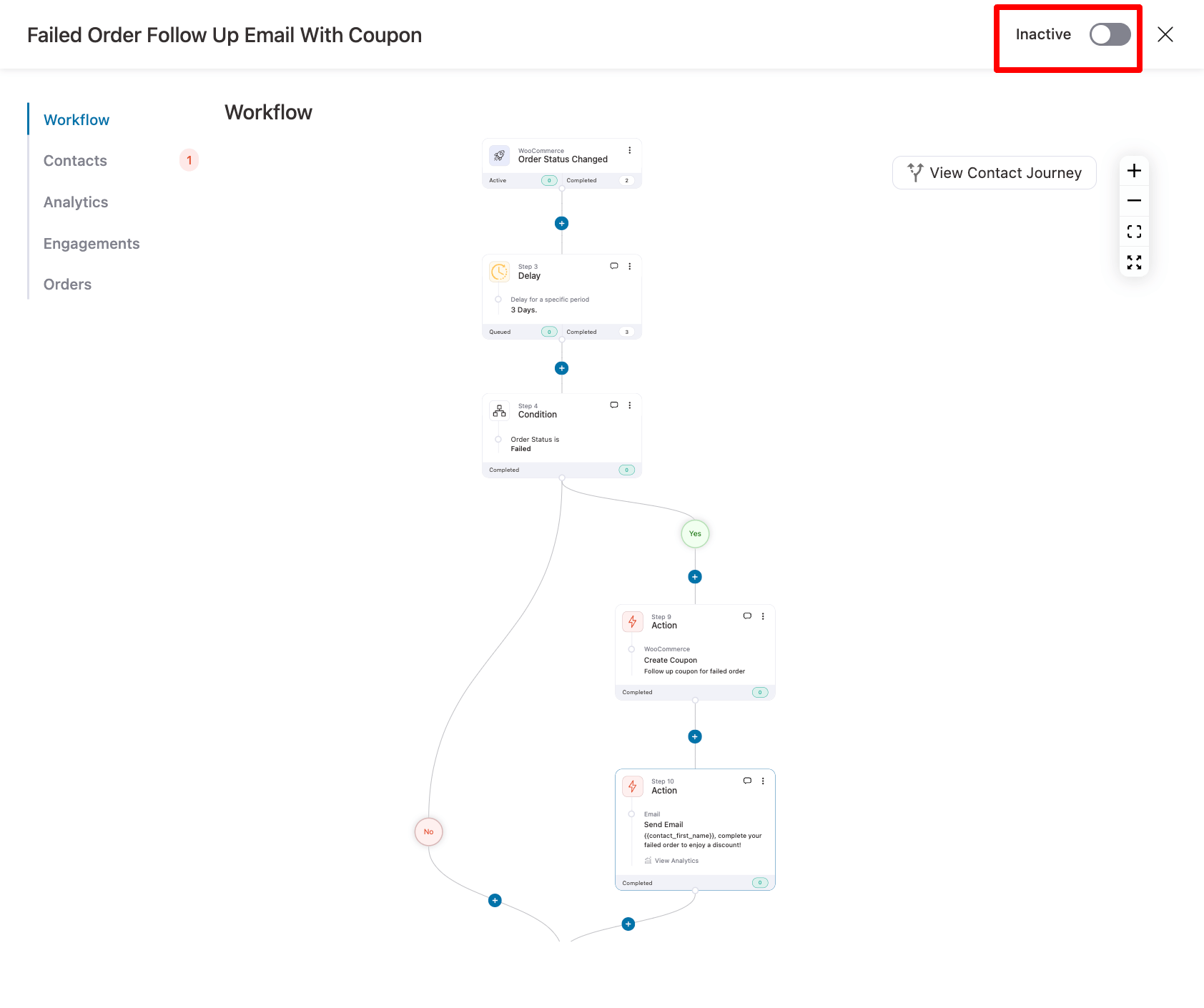 activate automation to send follow up after failed order email