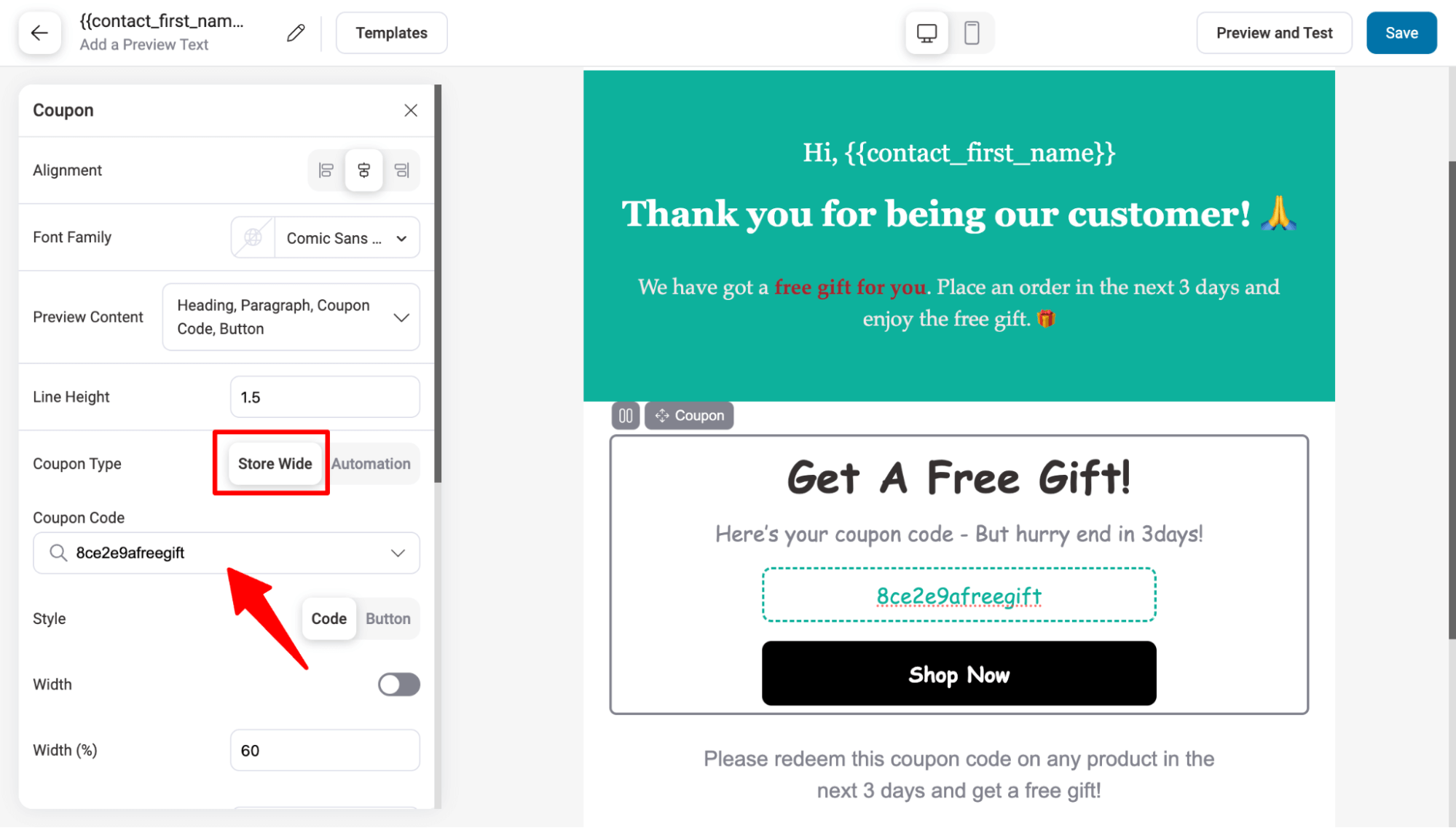 add free gift coupon to email