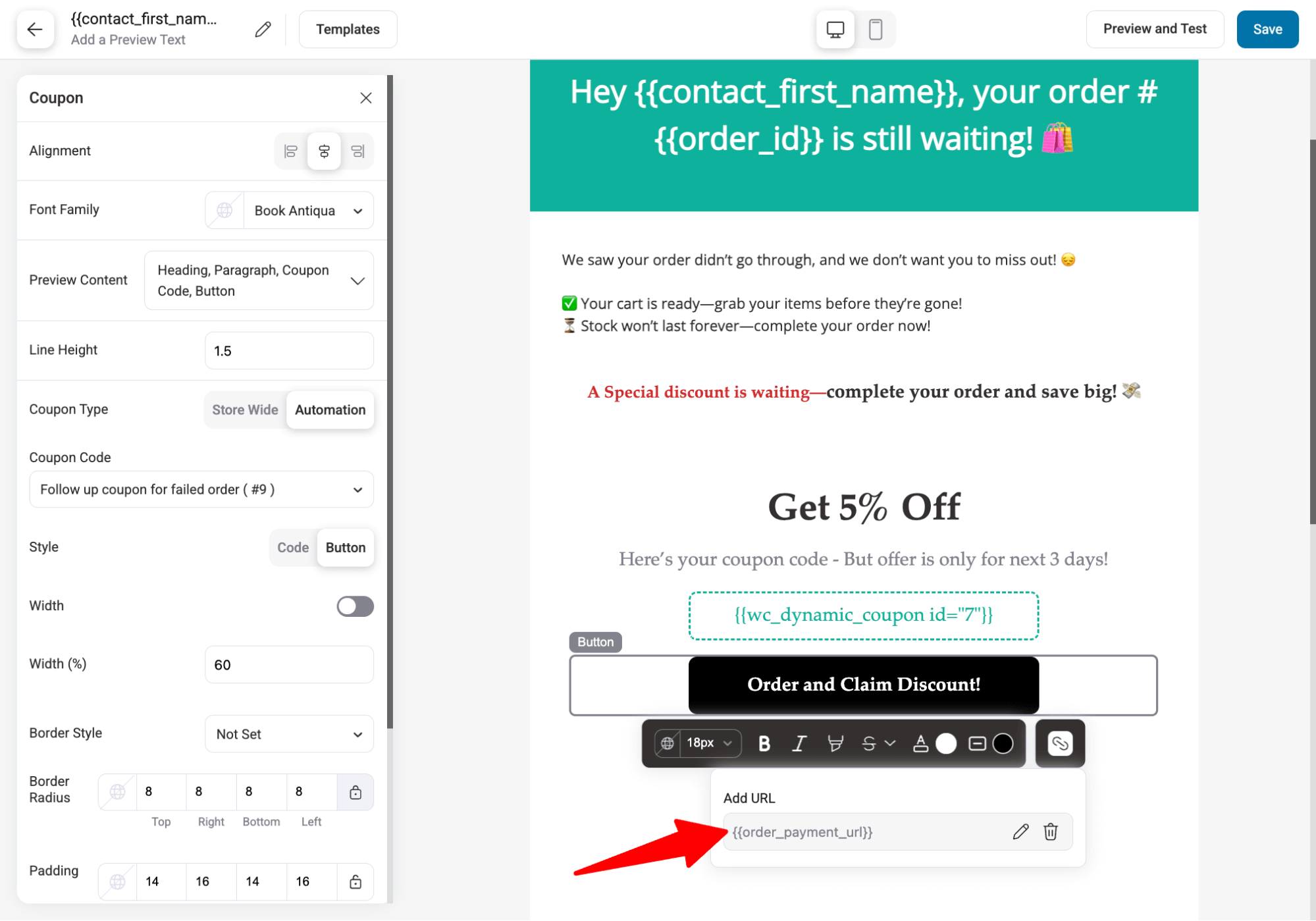 add order payment URL merge tag in discount block cta