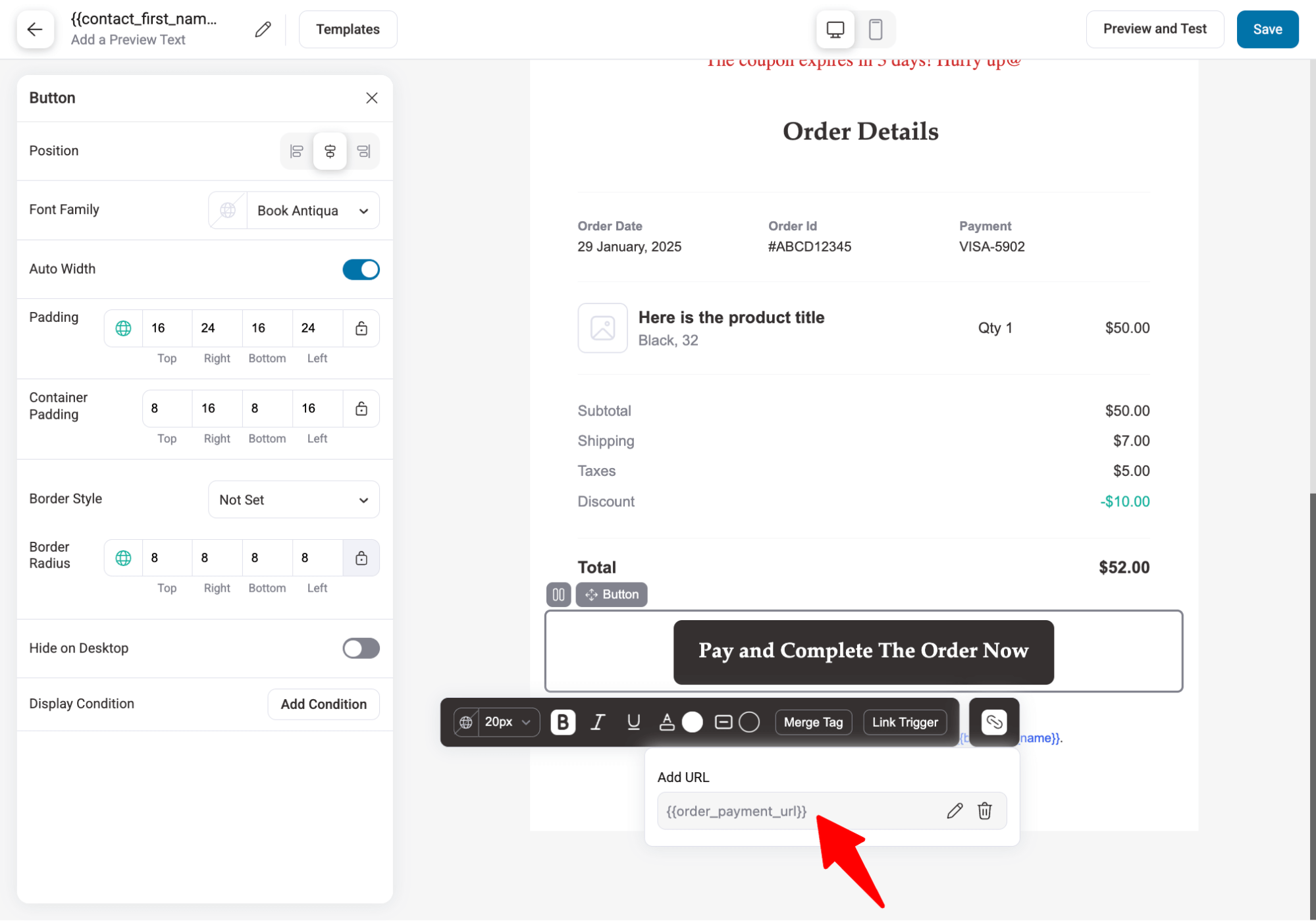 add order payment url merge tag to the final CTA in failed order email