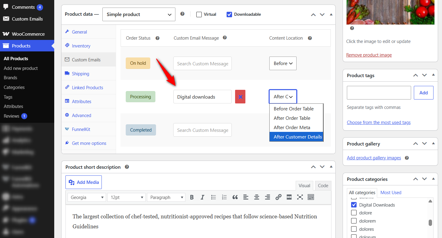 Edit the product, find the new Custom Emails tab in the Product Data box, and assign the message.