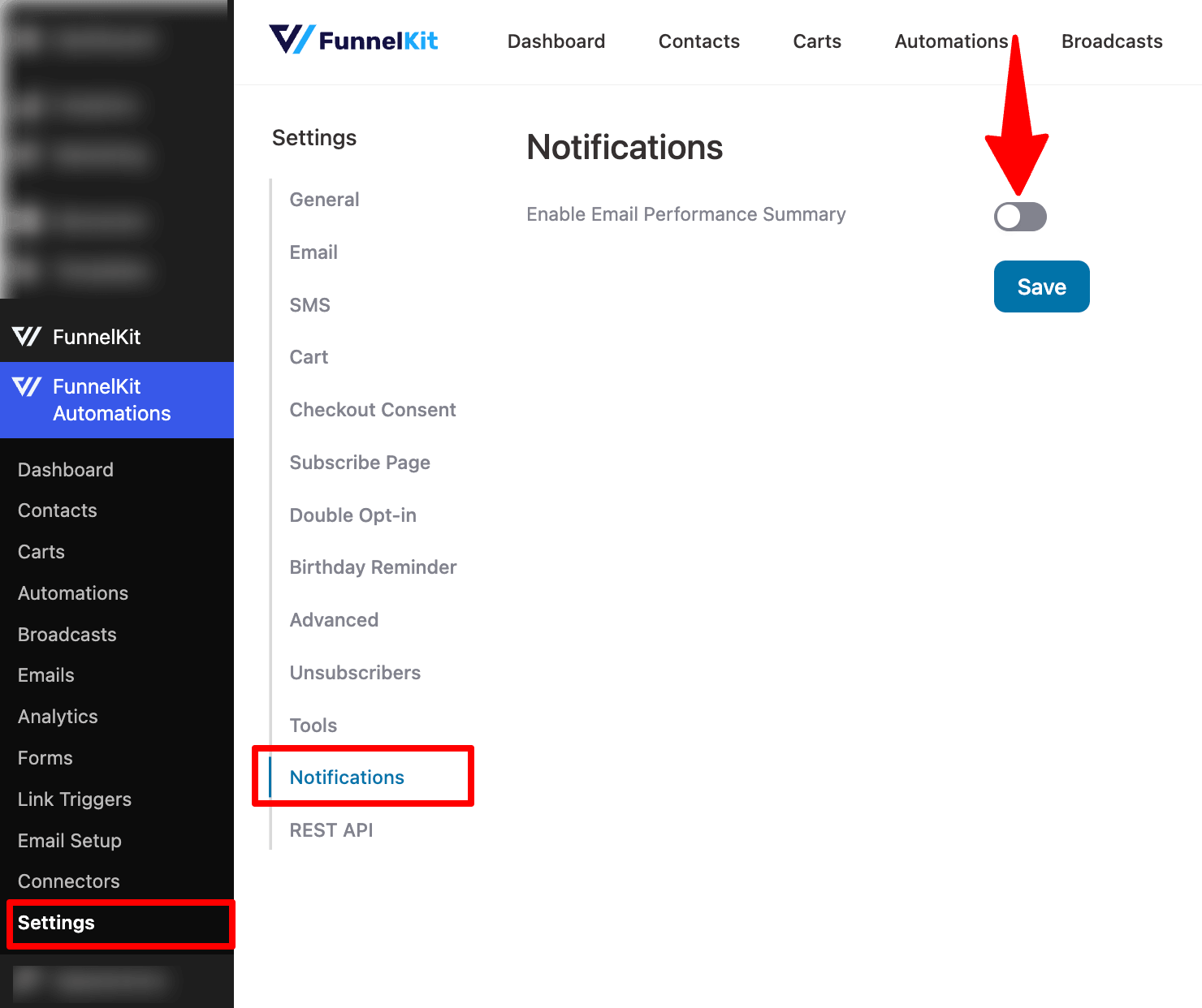 enable email performace summary notification