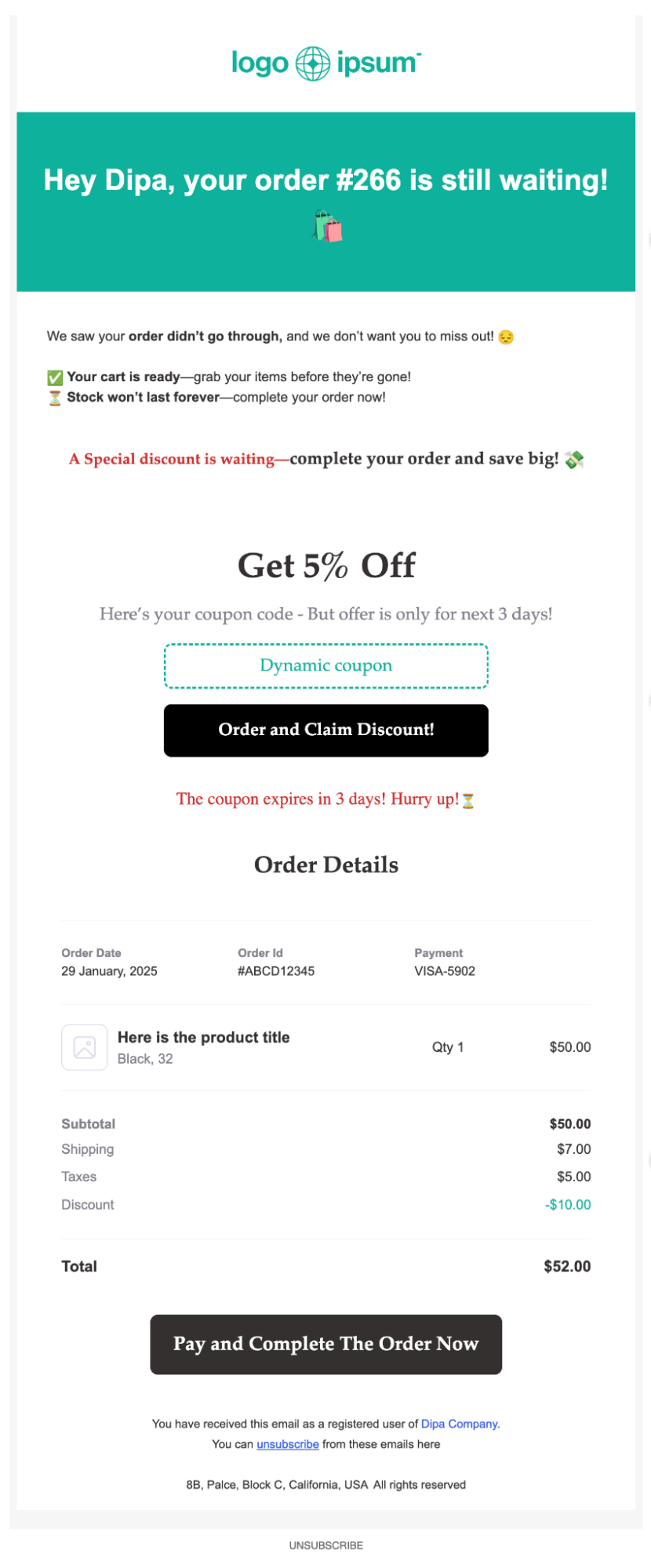 failed order follow up email with coupon preview