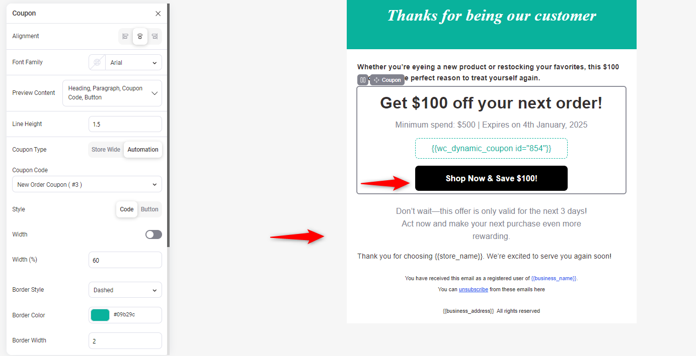 customizing the CTA button in the WooCommerce next order coupon email