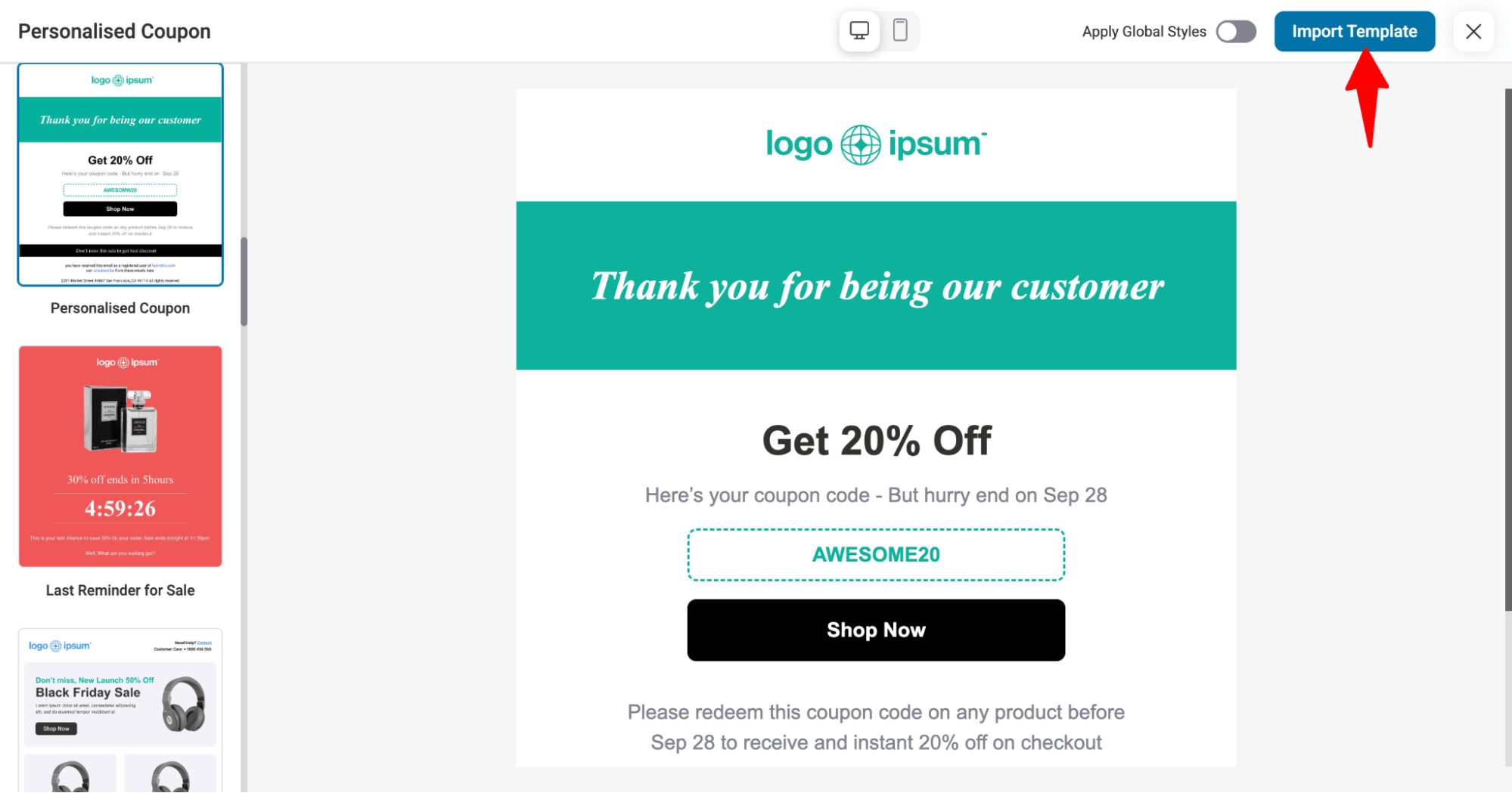 import personalized coupon email template