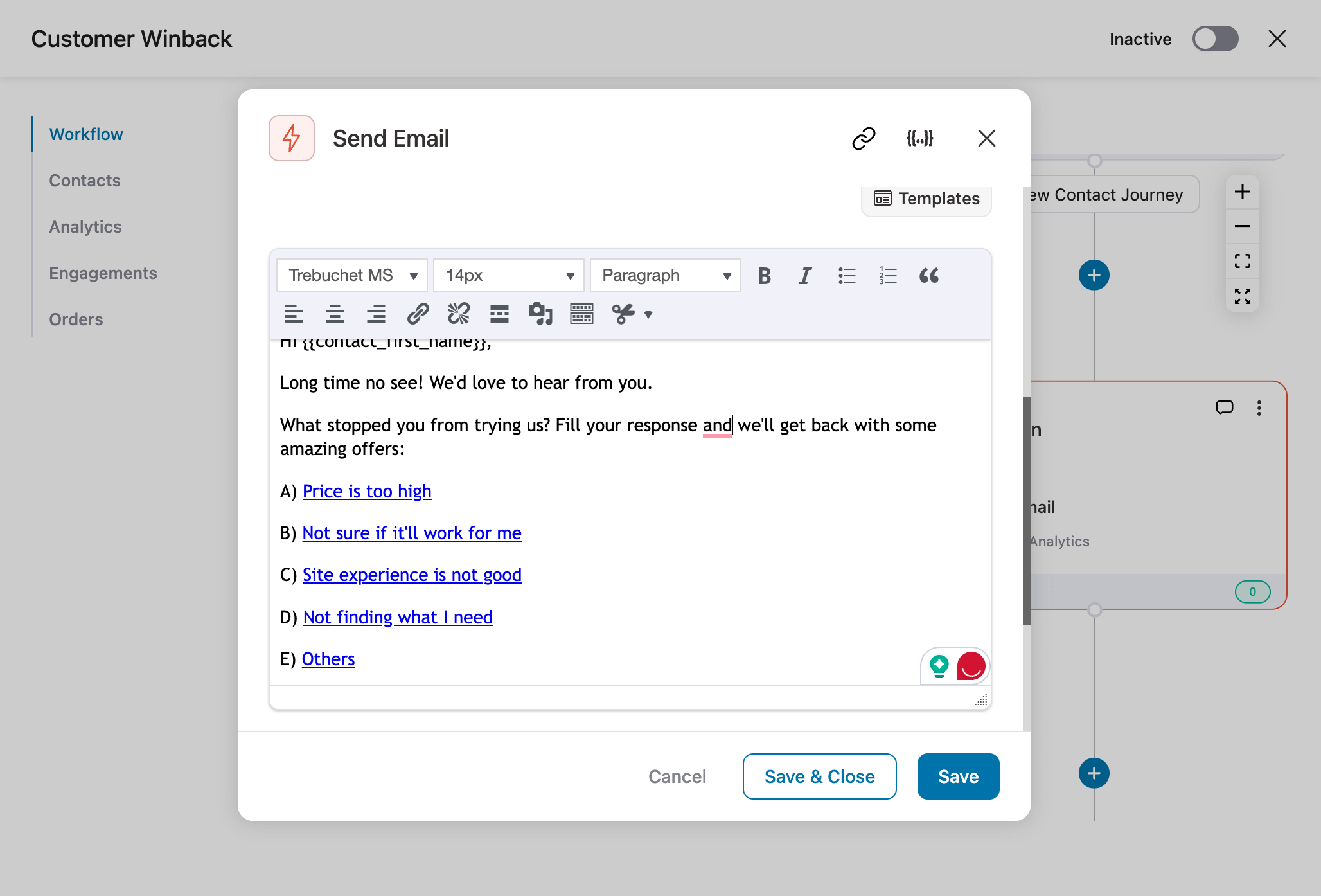 link triggers in custoemr winback