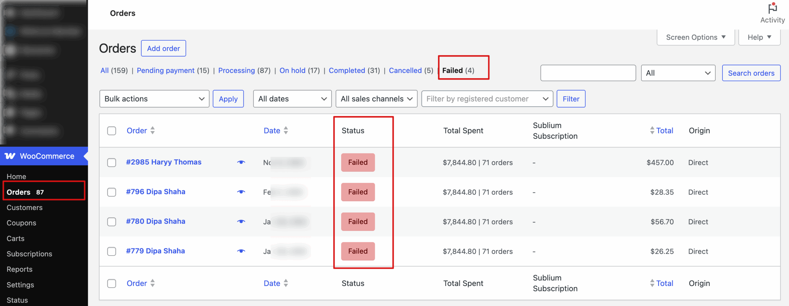 navigate to WooCommerce failed orders