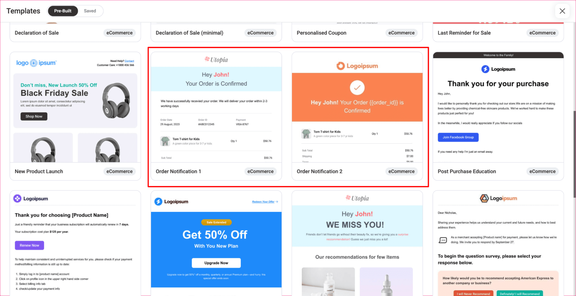 order notification prebuilt templates