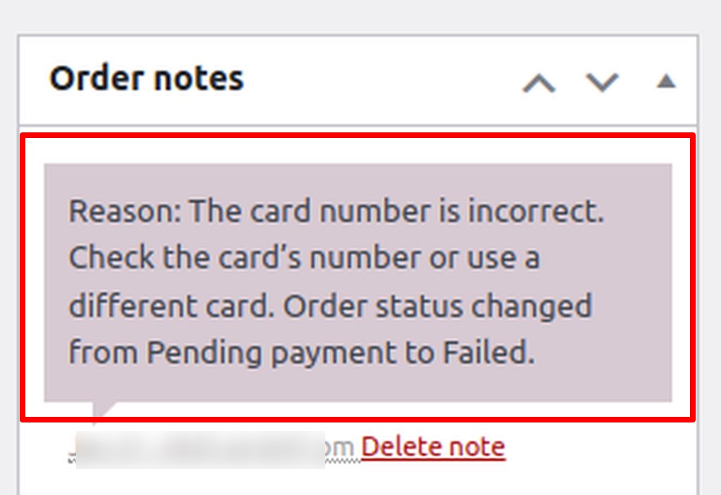 order number failed cause card number is incorrect